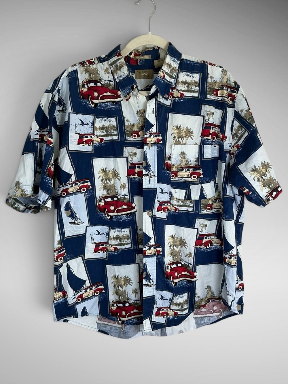Natural Issue Men’s Hawaiian Shirt Classic Cars Sailboats Palm Trees Large